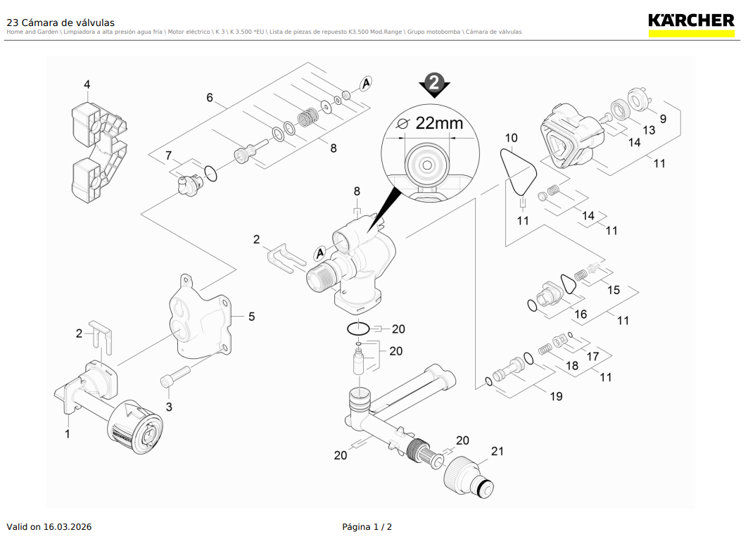 Cámara de válvulas para Hidrolavadora Karcher K 3.500 (en versión 22mm lado de valvula de aspiración de detergente) / 9.002-029.0 - Imagen 2