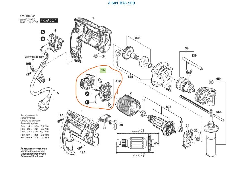 Conjunto porta carbones para taladro Bosch GSB 16RE (versión 3601B281E0) / 2609199403 - Imagen 2